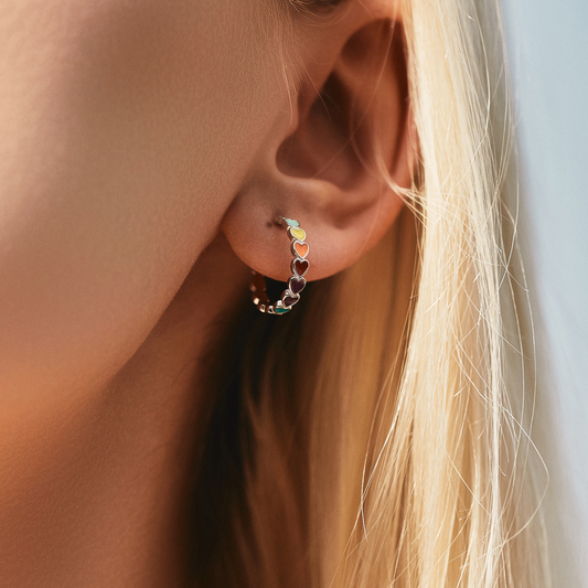 Colorful Enamel Hearts C Shape Stud Earrings