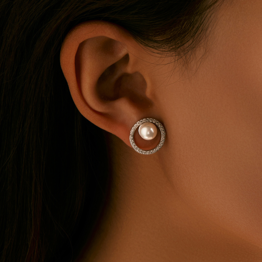 Circle Crystal Pearl Stud Earrings