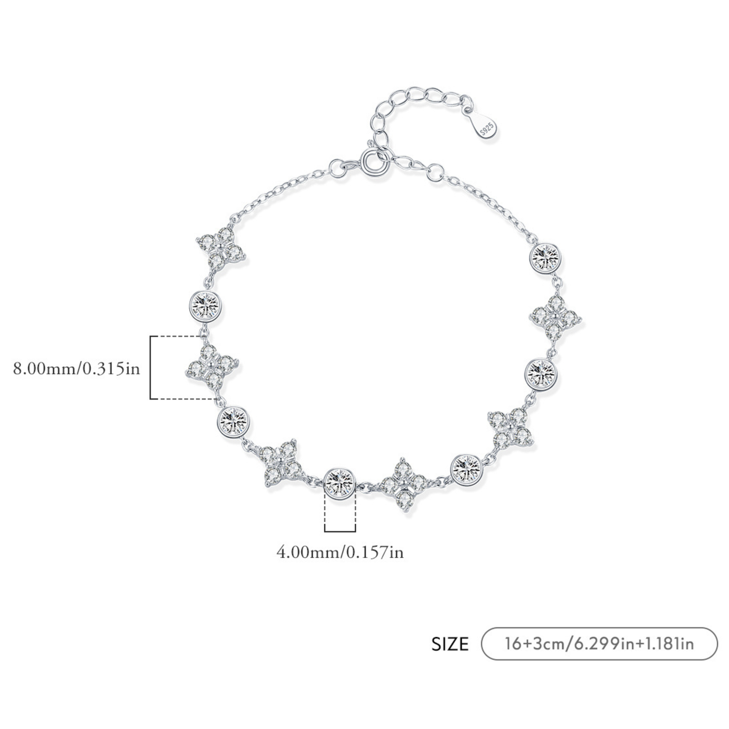 Lucky Four leaf Clover Clear Zirconia Charm Bracelet