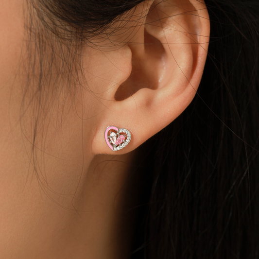 Pink Enamel Heart Stud Earrings