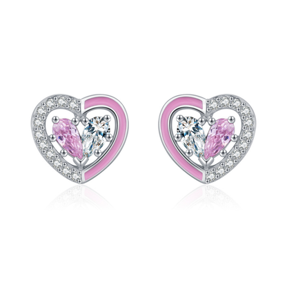 Pink Enamel Heart Stud Earrings