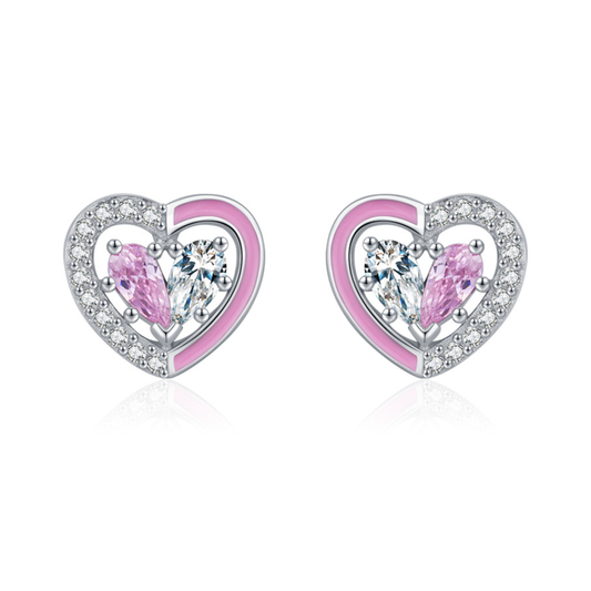 Pink Enamel Heart Stud Earrings